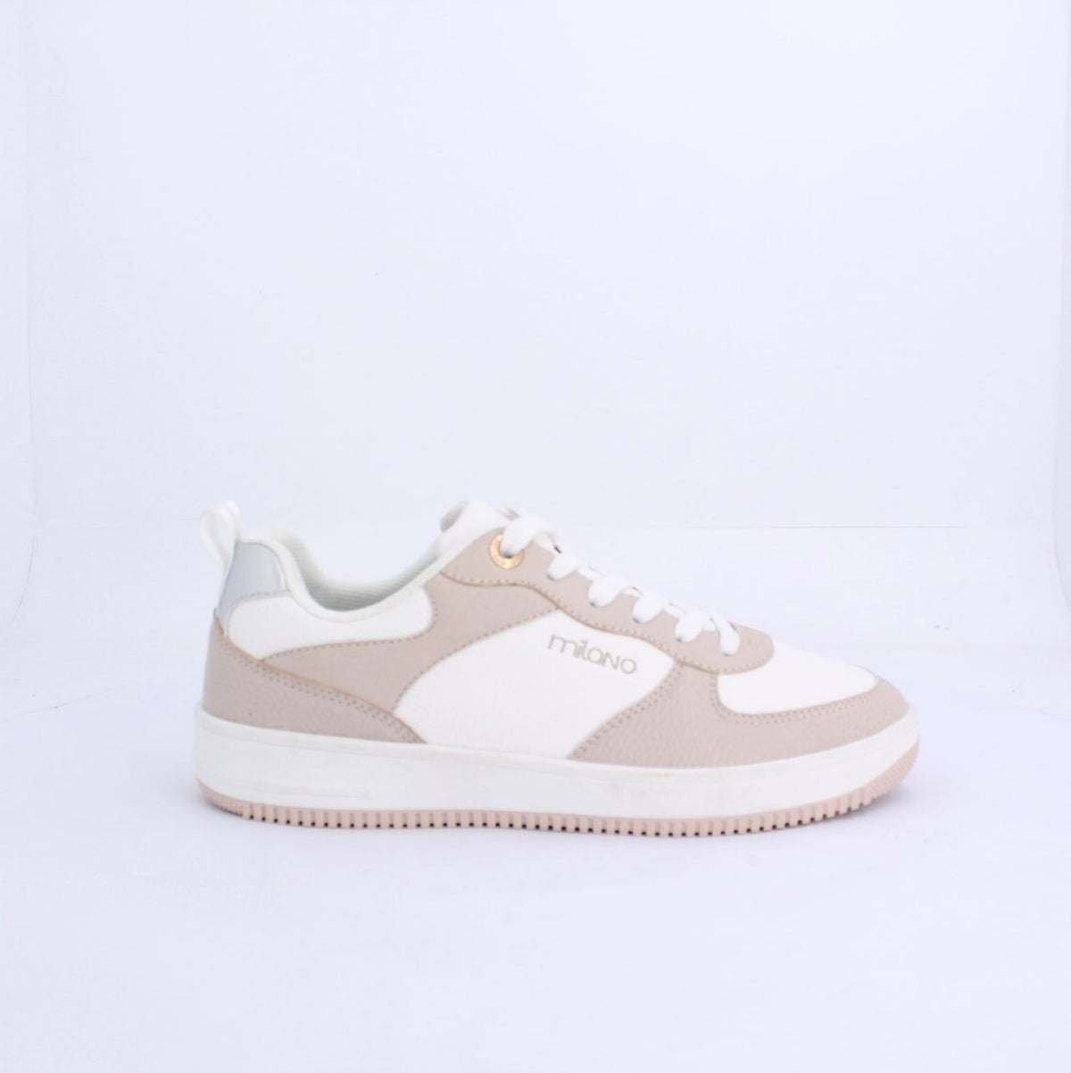 Nude Alexis sneaker with beige and white design, featuring white laces and Milano branding, on a white background.