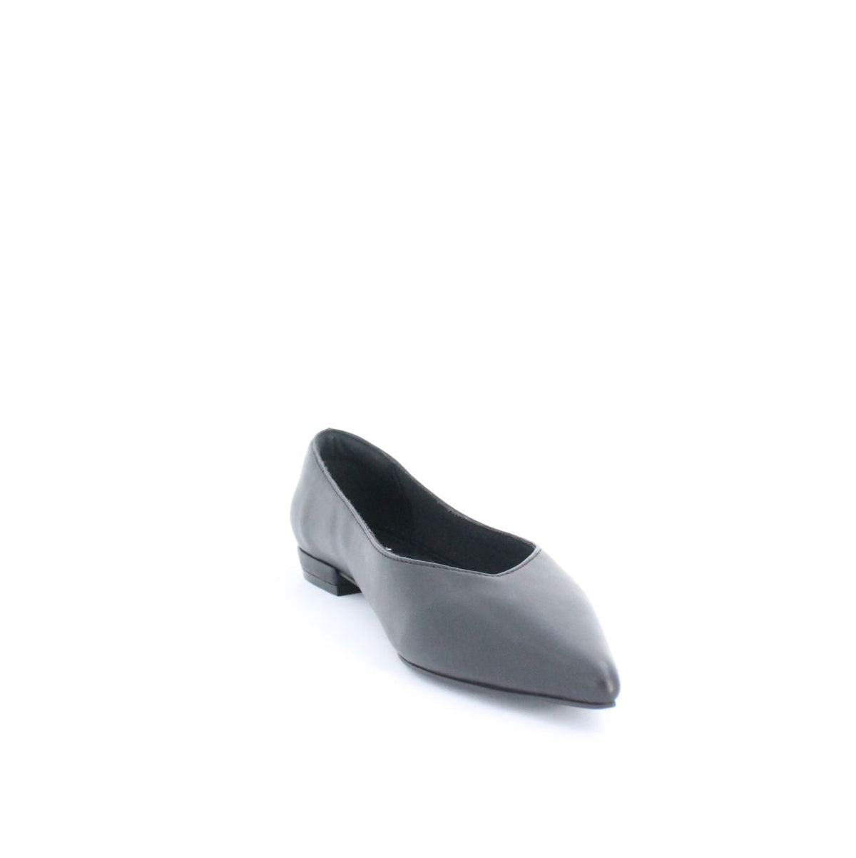 Black Kiril pump style flat shoe with sleek, minimalist design, faux leather upper, ideal for casual and formal outfits.