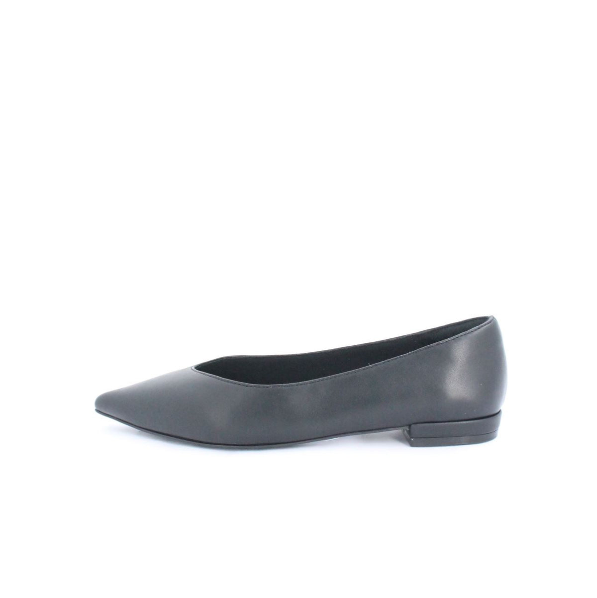 Sleek minimalist black pump style flat shoe in faux leather, ideal for casual and formal wear, heel height under 2cm.