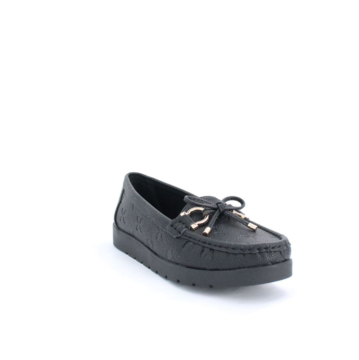 Black Adela moccasins flat with minimalist design and embossed details, featuring a flexible rubber sole for versatile everyday wear.