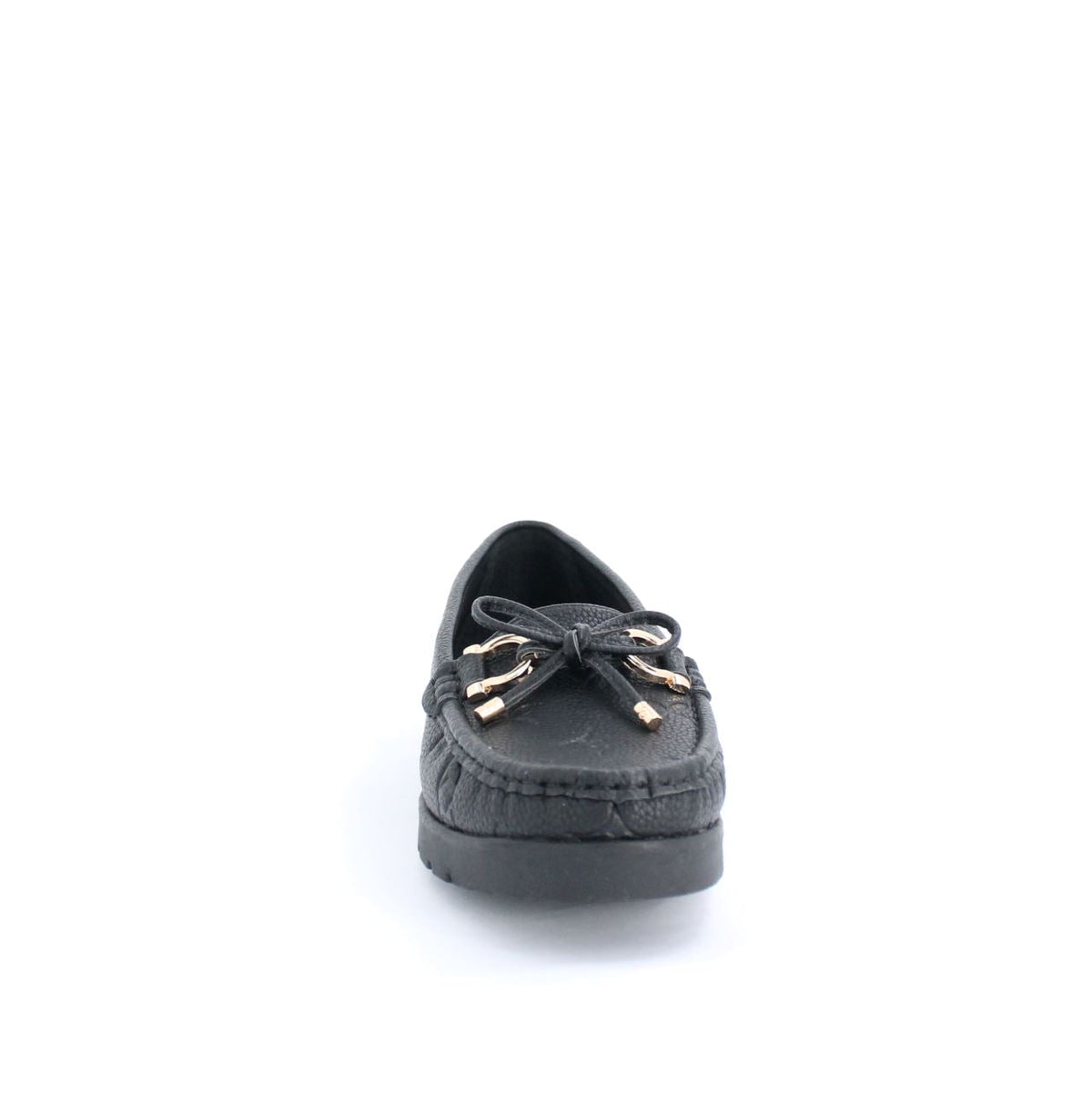 Black Adela moccasins flat with minimalist design and embossed details, featuring a flexible rubber sole for versatile, everyday wear.