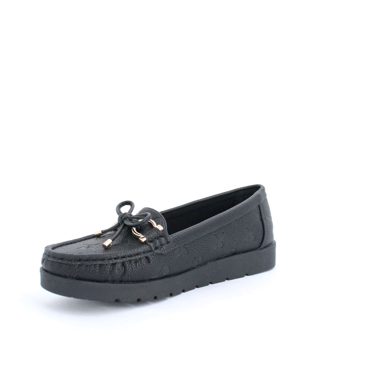 Black Adela moccasins with embossed details and flexible rubber sole, ideal for casual and polished outfits.