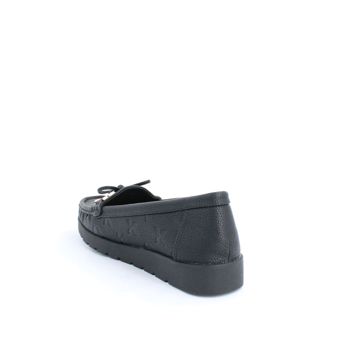 Black Adela mocassins flat with embossed details and grooved rubber sole, ideal for casual or polished outfits.