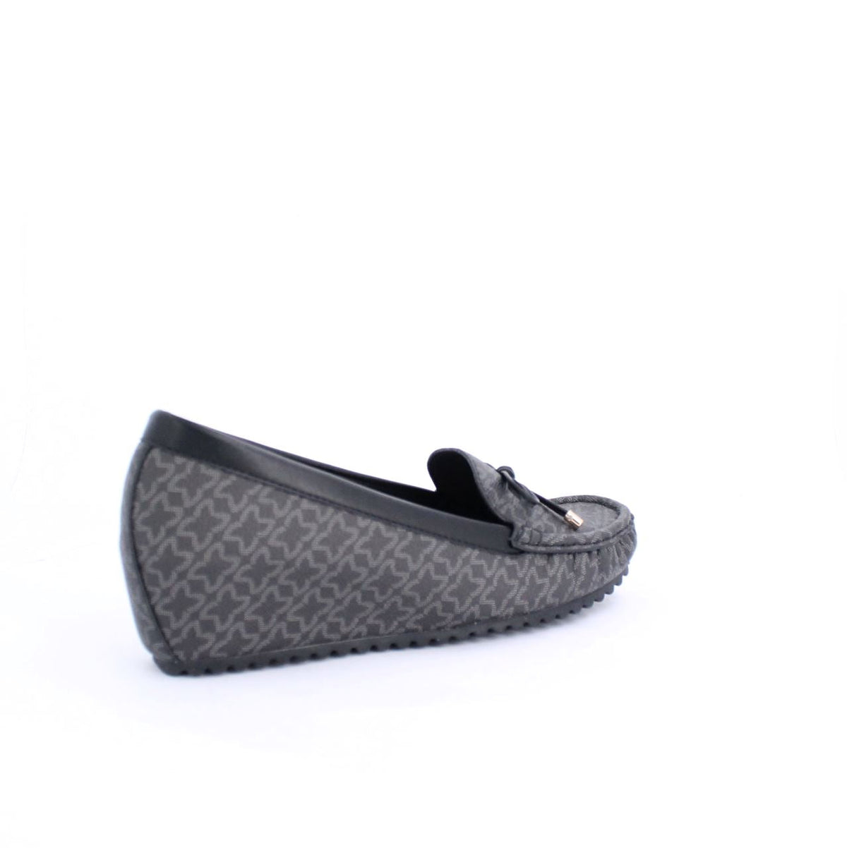 Black ANON moccasins wedge with subtle patterns, faux leather, wedge heel, and rubber outsole for comfort and grip.