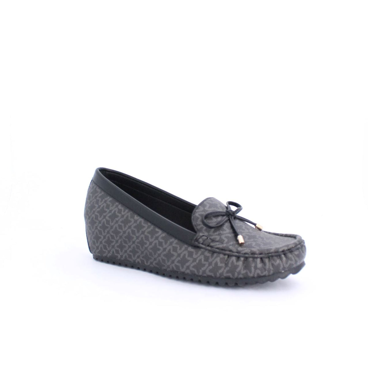 Black wedge moccasin with subtle patterns, faux leather material, comfortable rubber outsole, perfect for casual and dressy occasions.