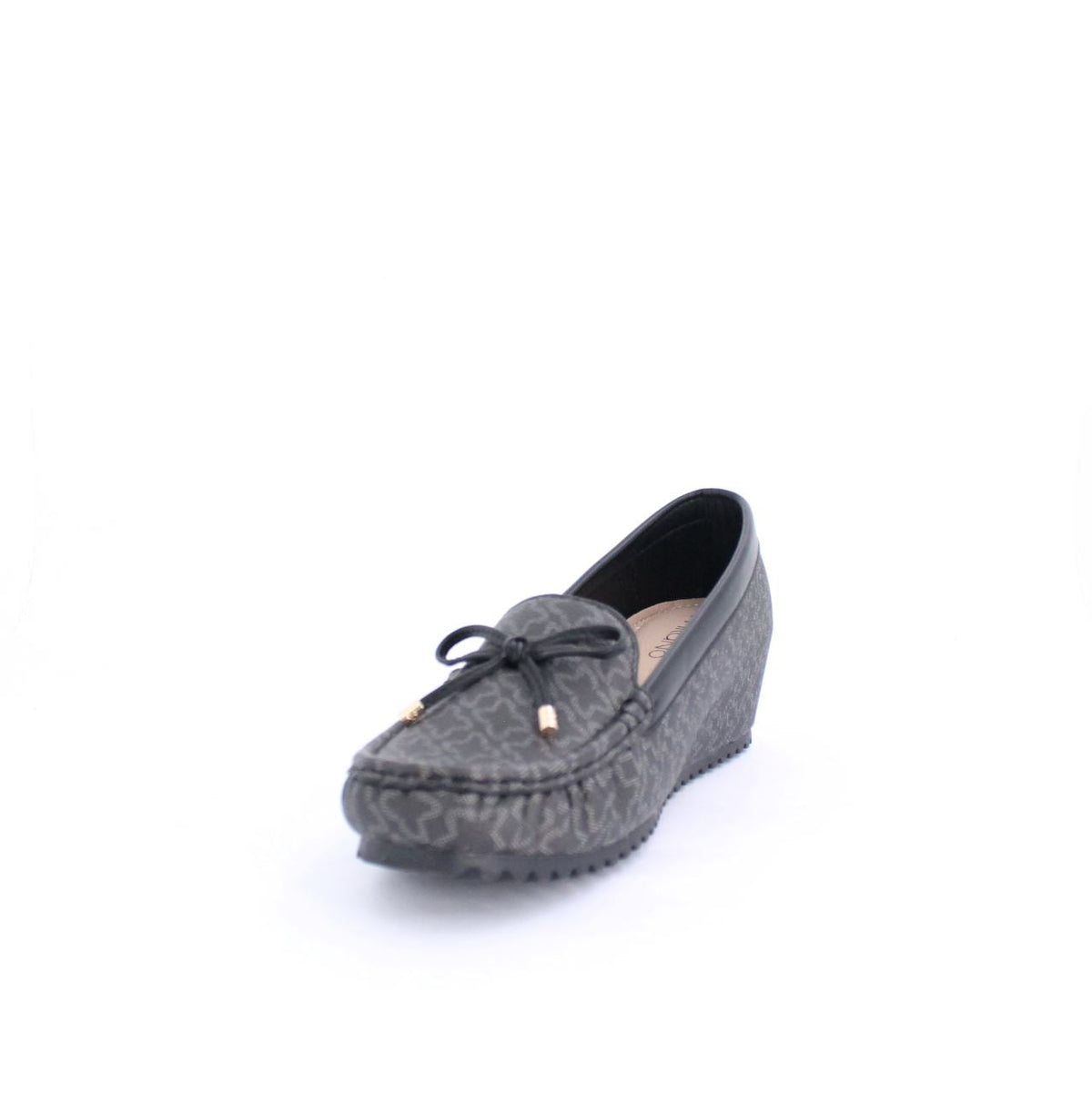 Black ANON moccasins wedge with subtle pattern, faux leather, 2-5cm heel, rubber outsole for comfort and grip, casual yet sophisticated design.