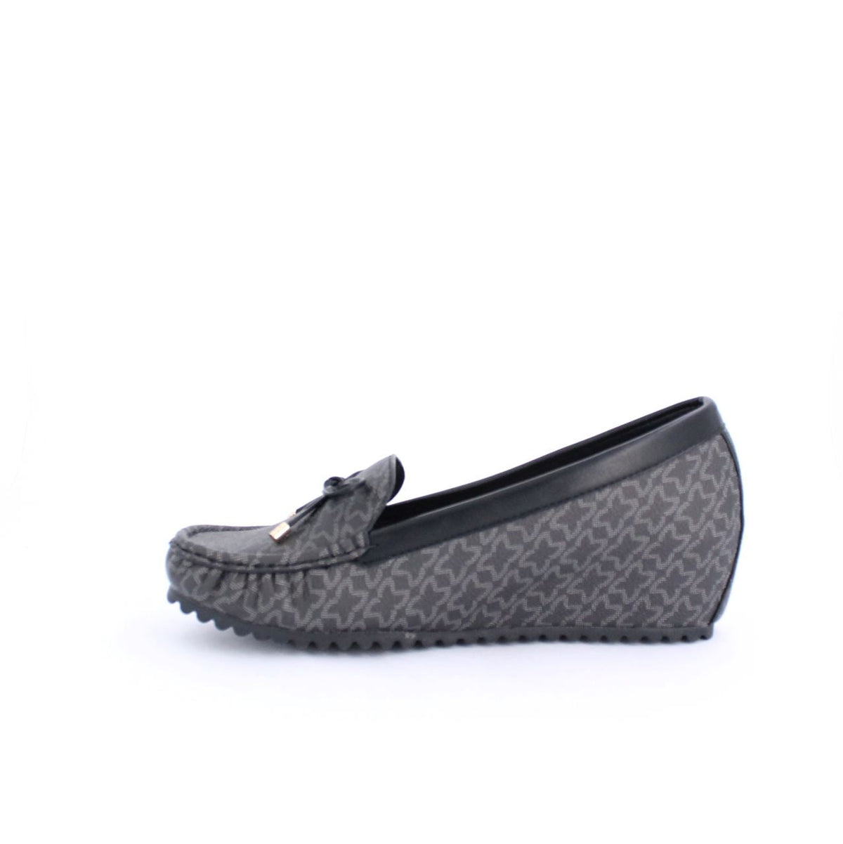 Black ANON moccasins wedge with subtle patterns, faux leather, and rubber outsole, offering comfort and grip for casual occasions.