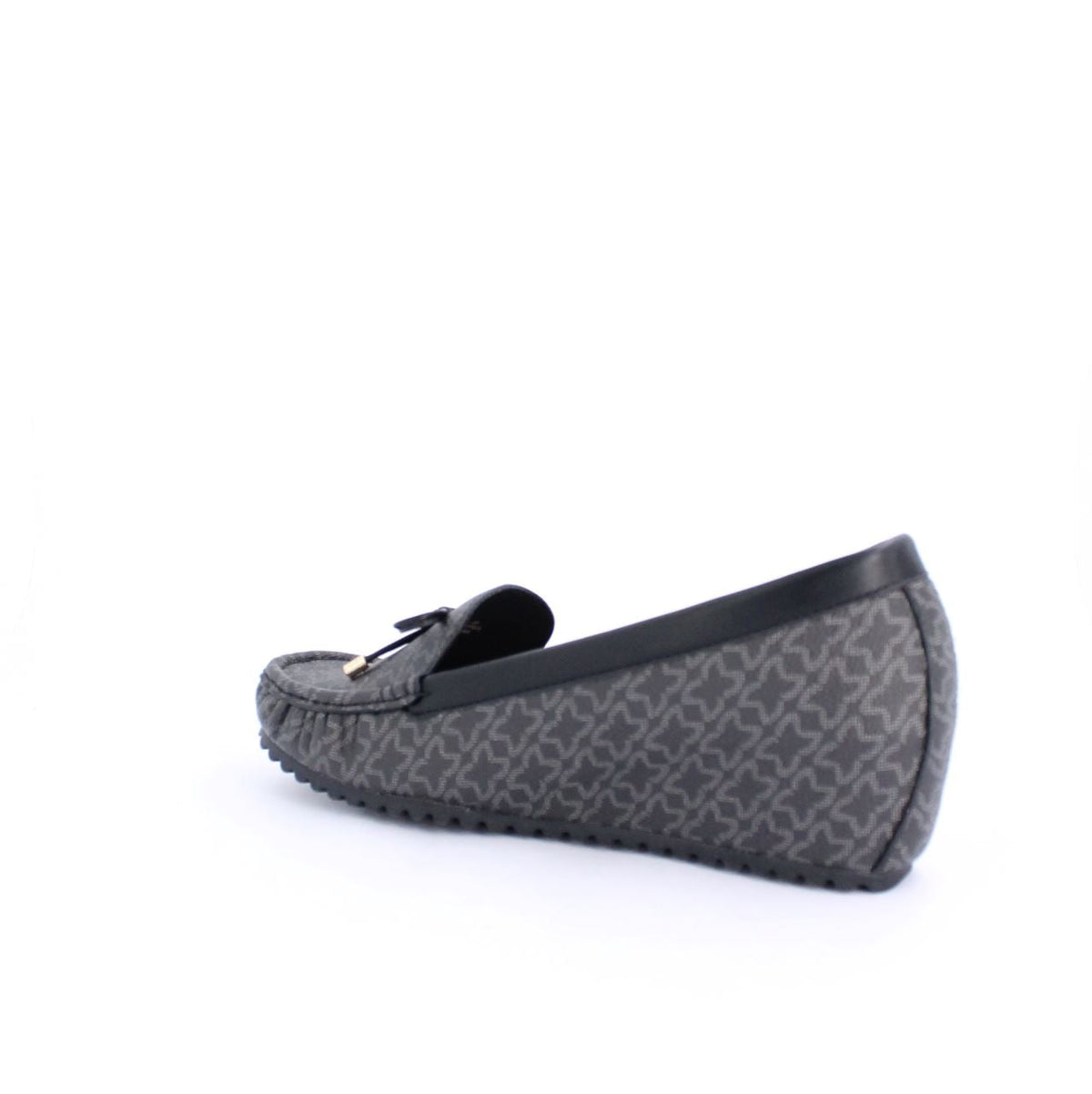 Black ANON moccasin wedge with subtle patterns, faux leather, rubber outsole, side view showing wedge heel for comfort and style