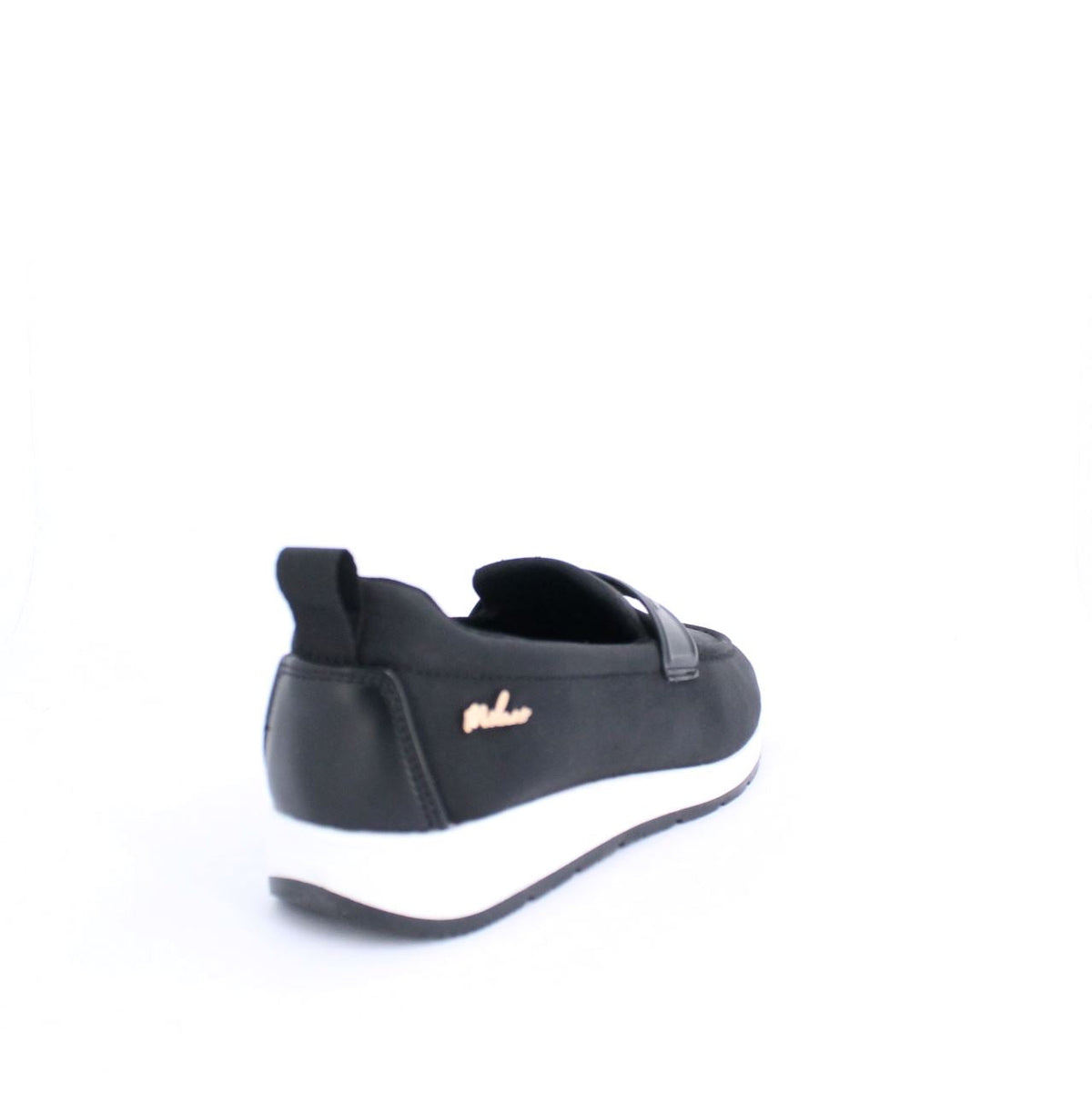 Black Marley moccasin with white midsole and instep strap, showcasing a minimalist and sporty loafer-style design.