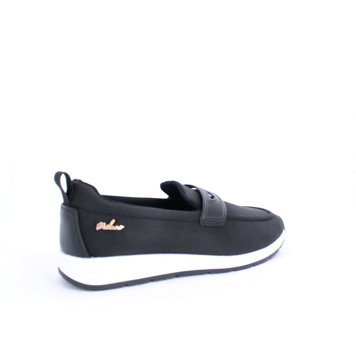 Black Marley moccasins with strap, featuring a sleek design and white midsole for a modern, sporty look.