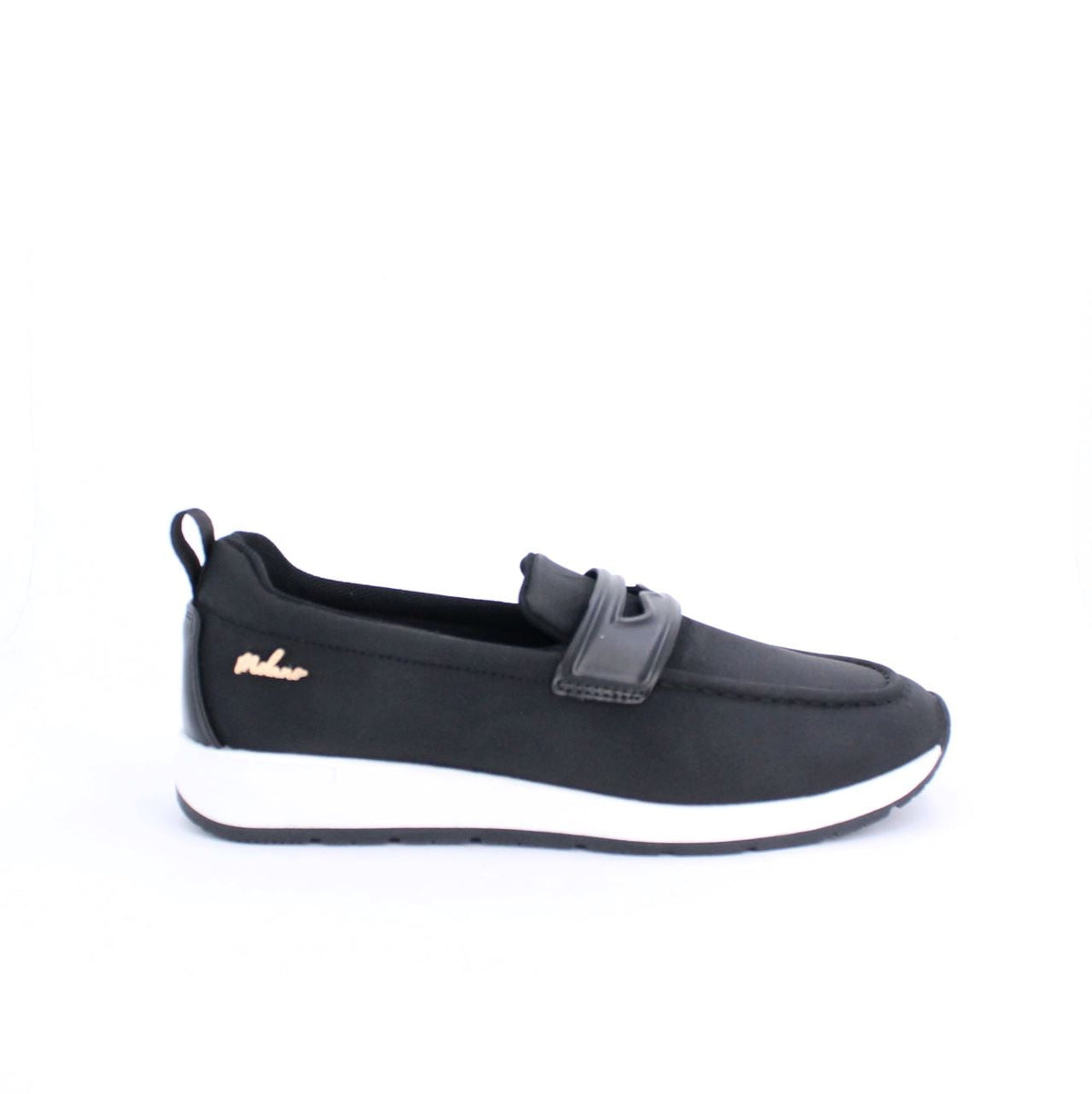 Black Marley Moccasins with contrasting white midsole and instep strap for modern style and functionality.