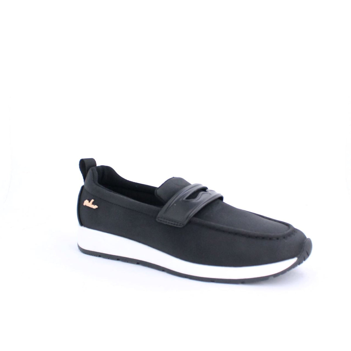 Marley Moccasins Black loafer-style shoe with white midsole and instep strap, offering a modern and sporty design.