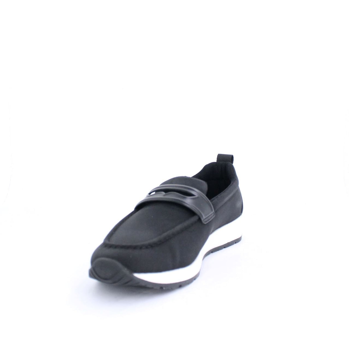 Black Marley mocassin with sporty design, white midsole, and strap across instep for style and functionality.