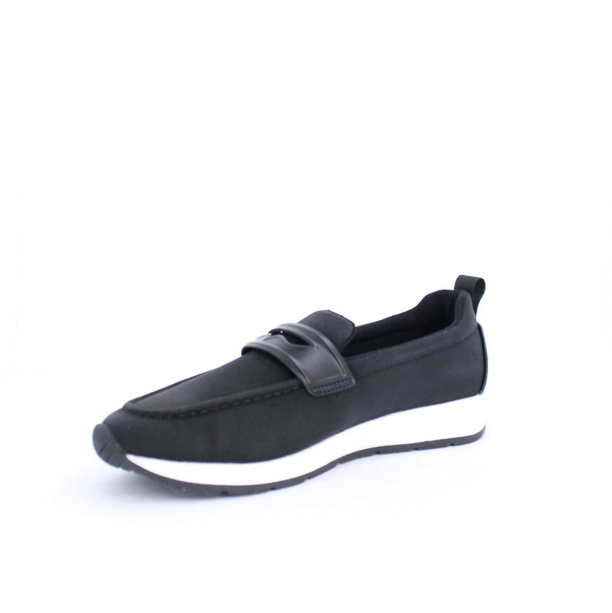 Black Marley moccasin loafers with strap and white midsole, modern design, synthetic material, sporty and stylish shoes.