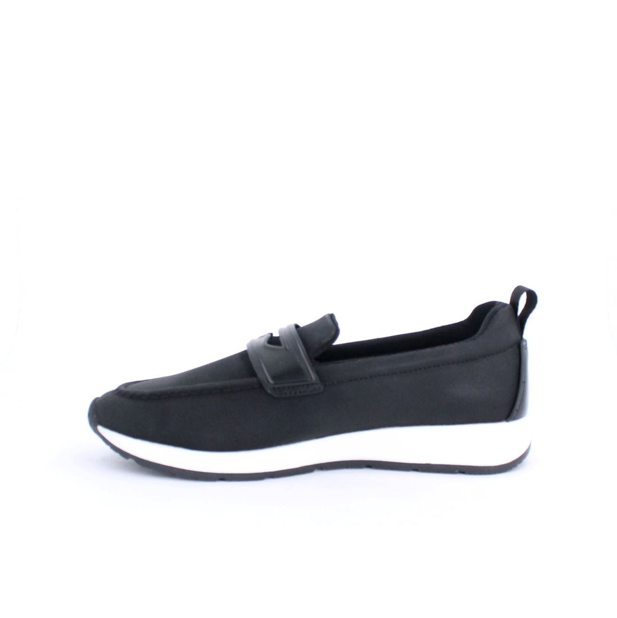 Black Marley moccasins with white midsole, featuring a loafer style and modern strap across the instep for stylish functionality.