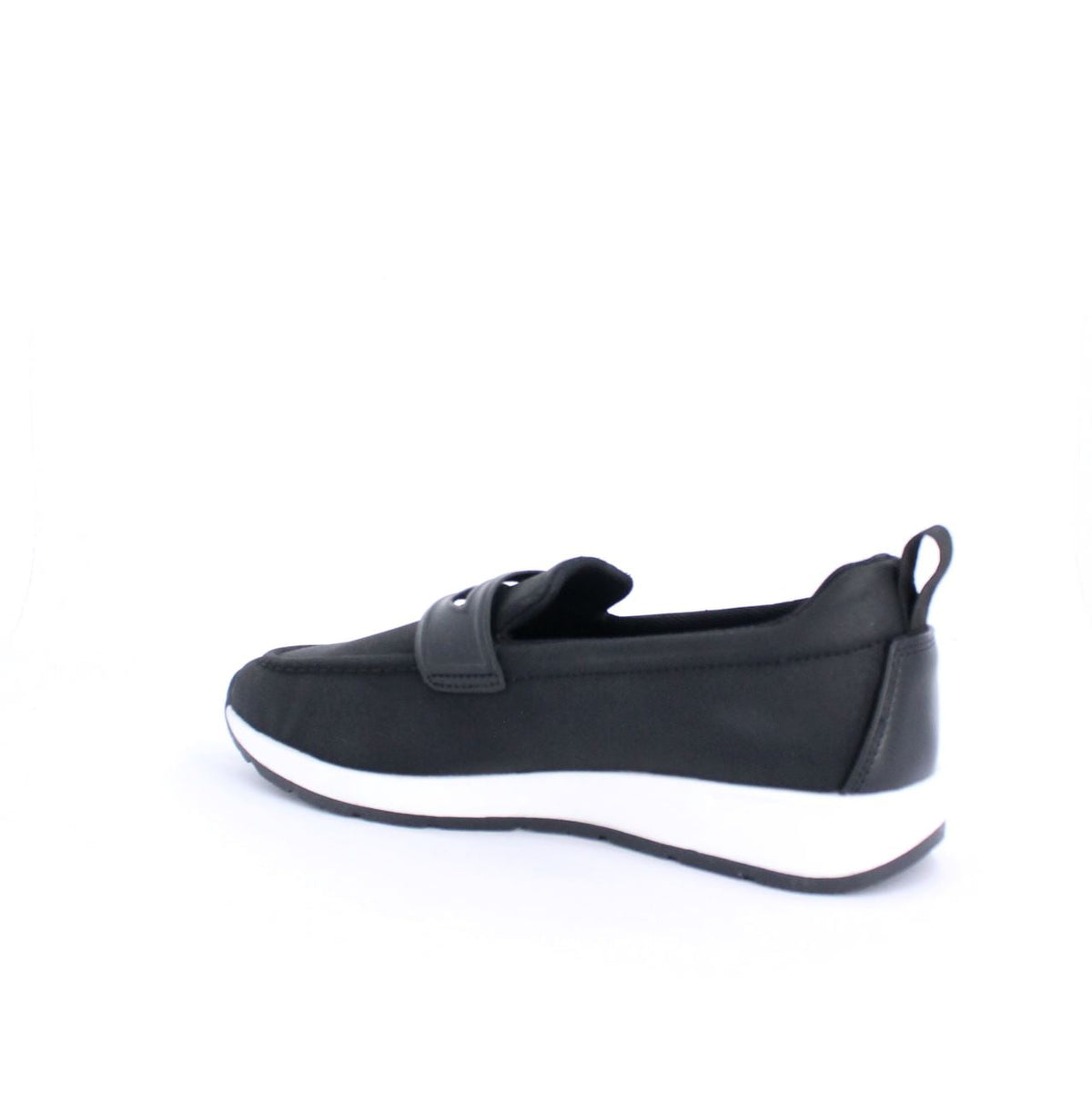 Black Marley moccasin with a modern sporty design, featuring a strap and white midsole for a contemporary look.