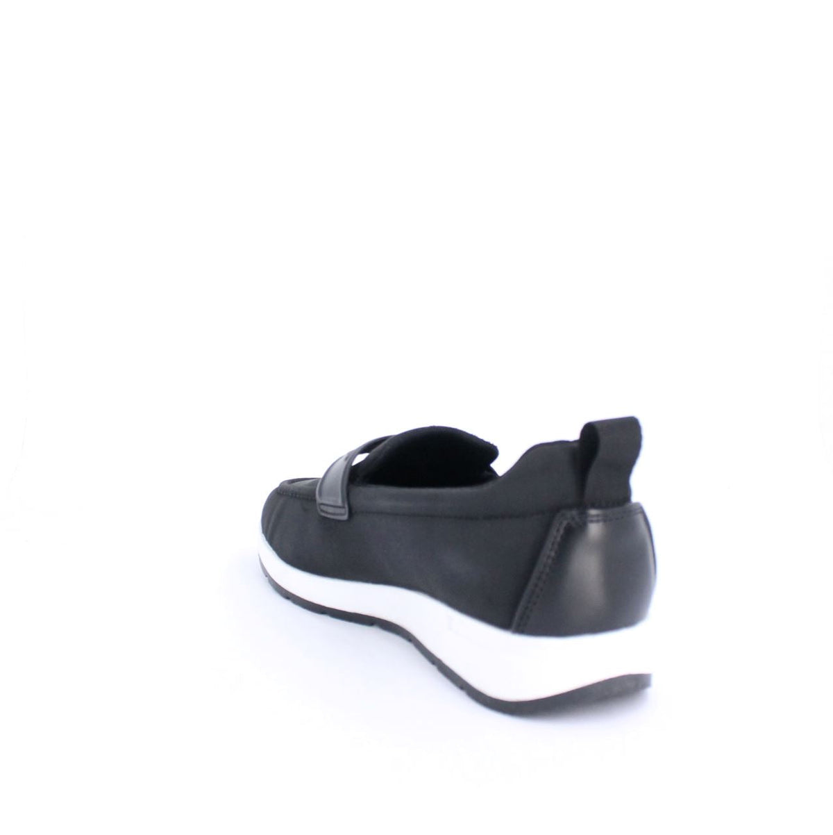 Black Marley mocassins with sporty strap and white midsole, showcasing smooth synthetic design from the back angle.