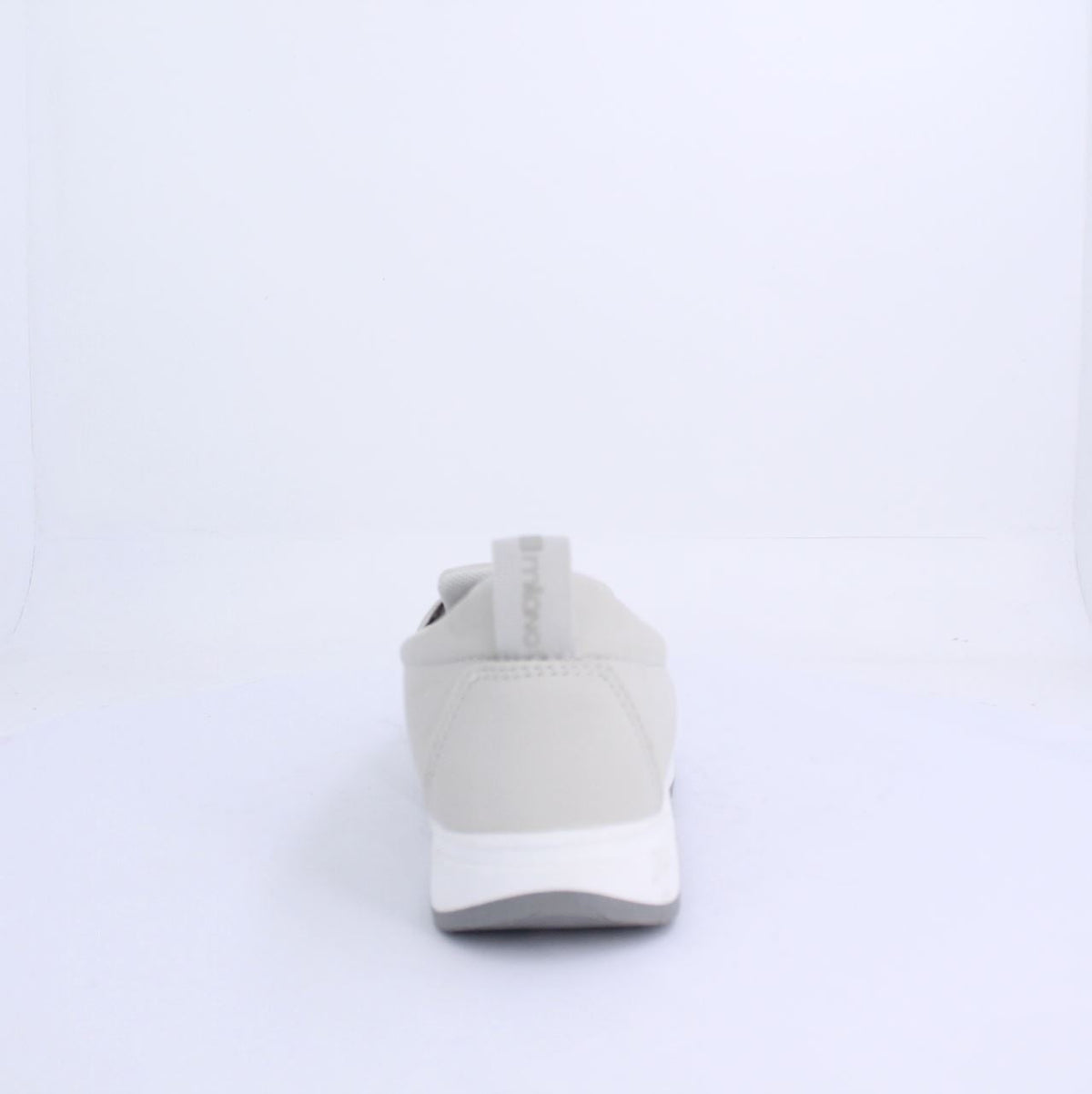 Back view of grey Marley mocassin with white midsole, highlighting the modern loafer-style design and synthetic upper material.