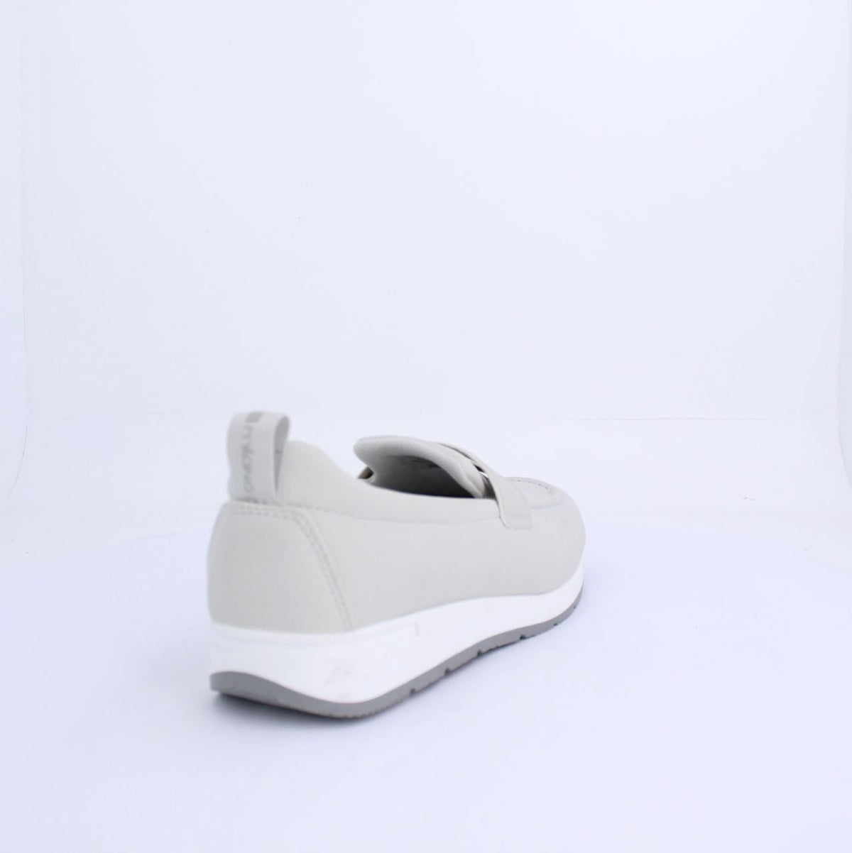 Grey Marley Mocassin with white midsole and instep strap, featuring a modern, loafer-style design from a rear side view.