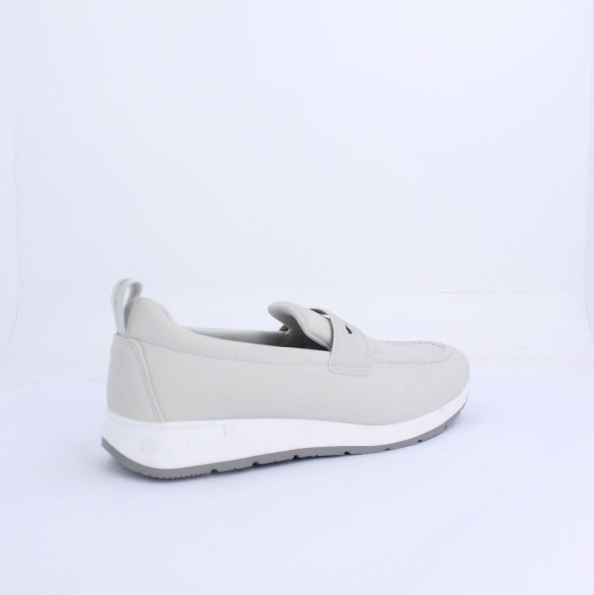 Grey Marley moccasin with sporty white midsole and instep strap, featuring minimalist design and smooth synthetic material.