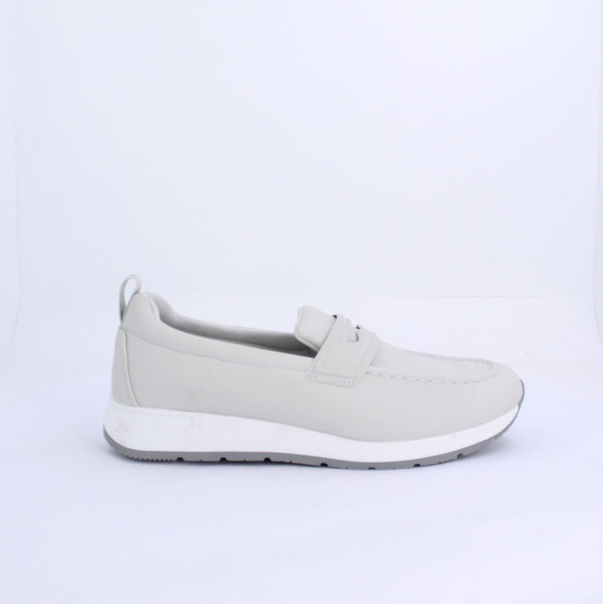 Grey Marley Mocassin loafer with modern sporty design, synthetic upper, white midsole, and instep strap for style and functionality.