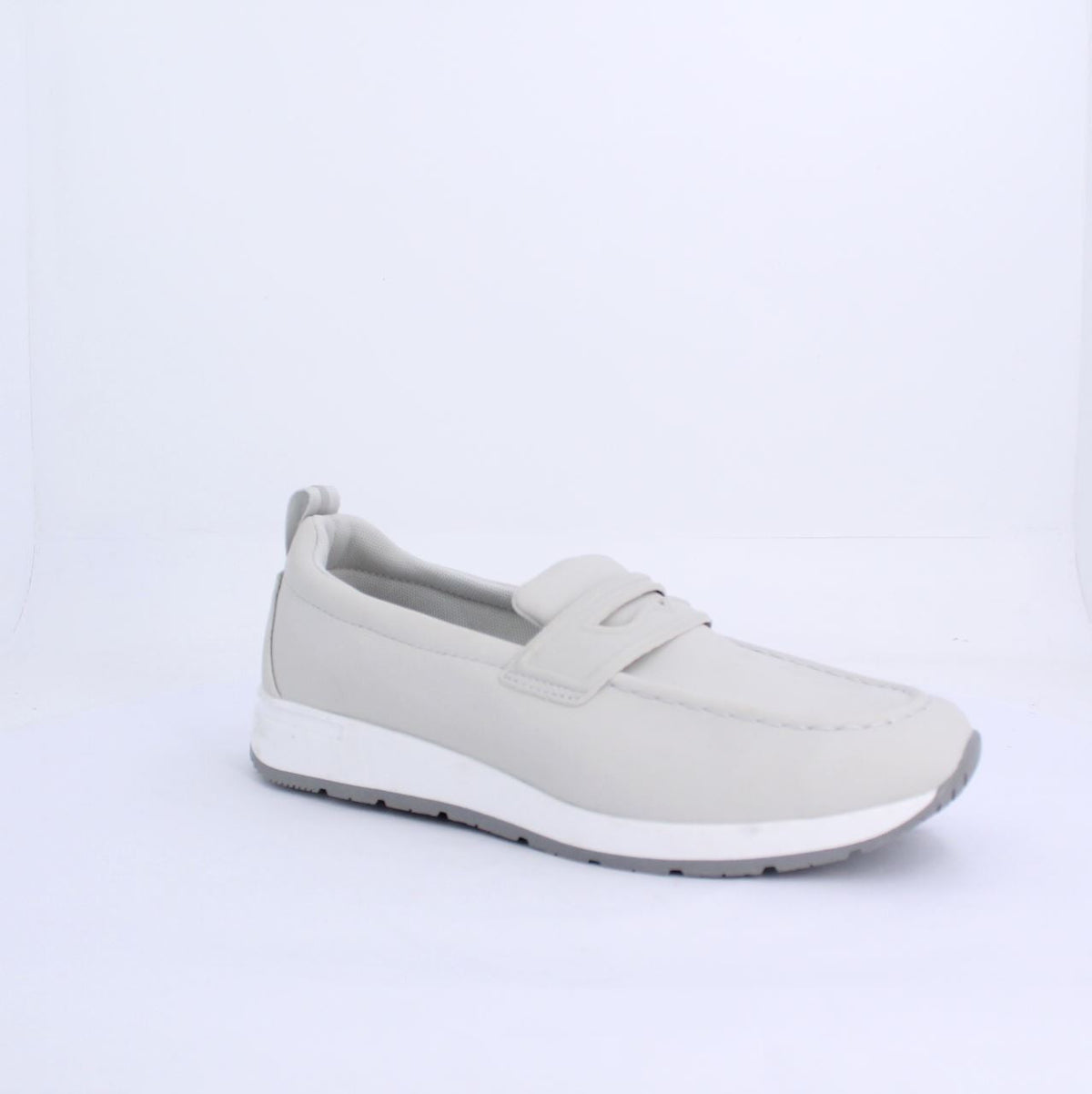 Grey Marley Moccasins with strap and white midsole, modern loafer-style shoe with sporty twist.