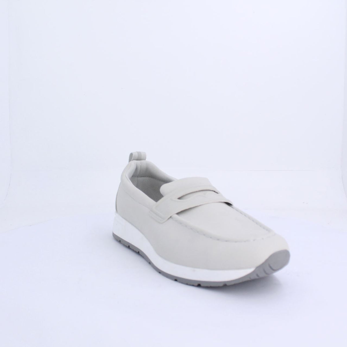 Grey Marley moccasin loafer with sporty twist and white midsole.