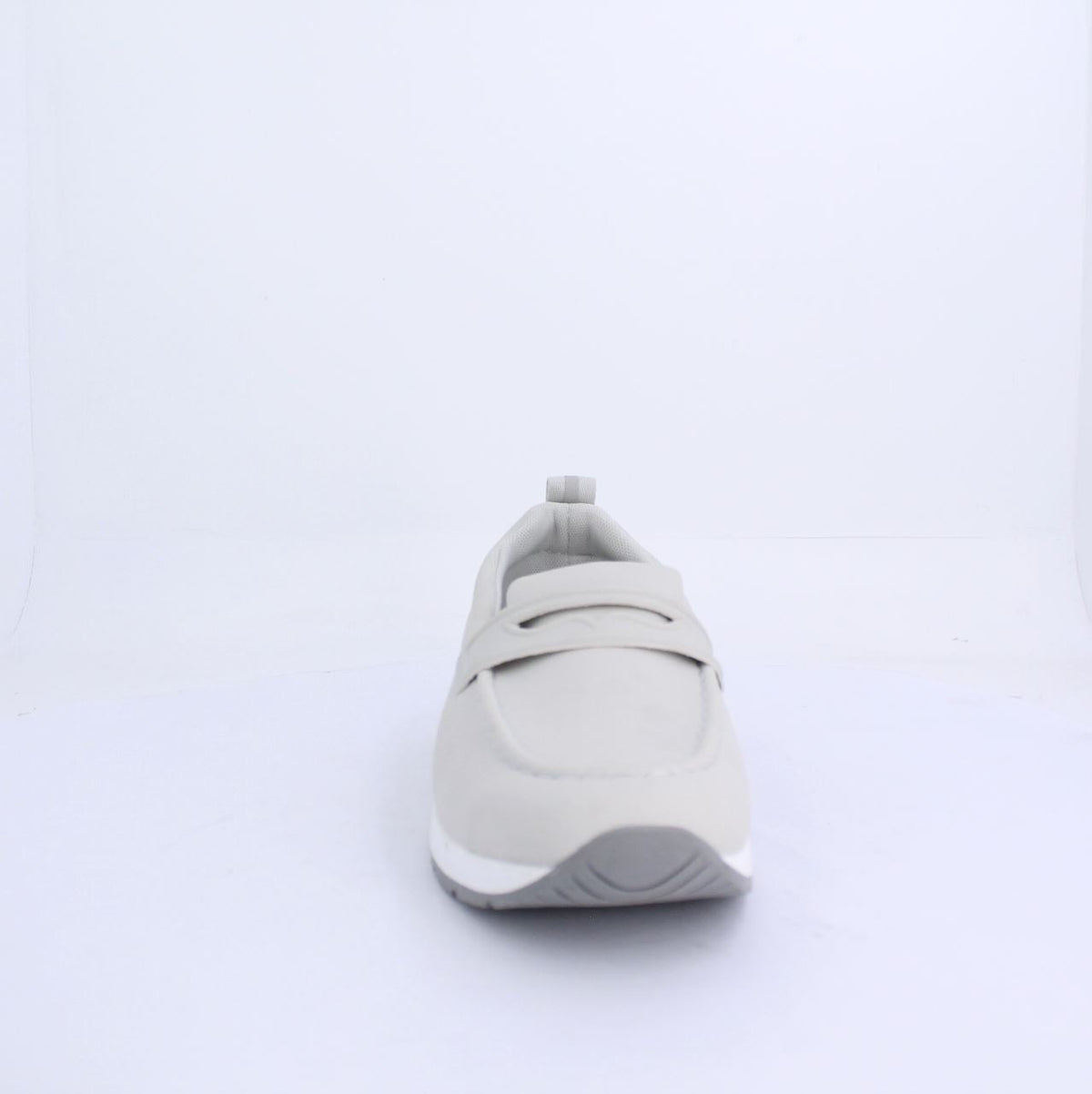 Front view of Marley Moccasin in grey with sporty design and strap detail, minimalist loafer style with white midsole