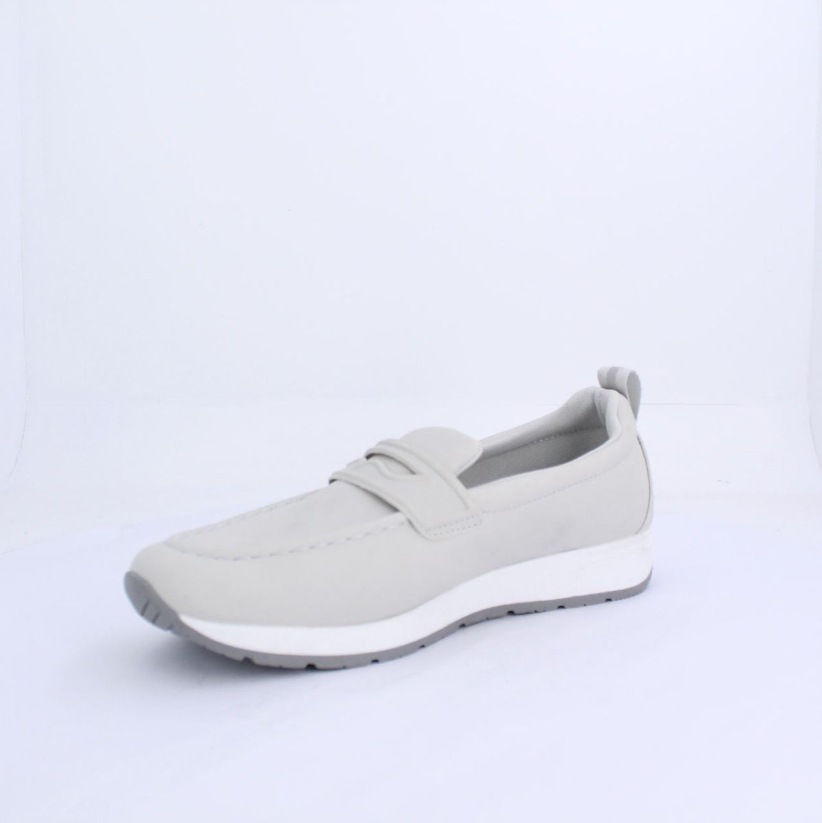 Grey Marley Moccasins with strap and white midsole, modern loafer-style shoe with minimalist design, synthetic upper material.