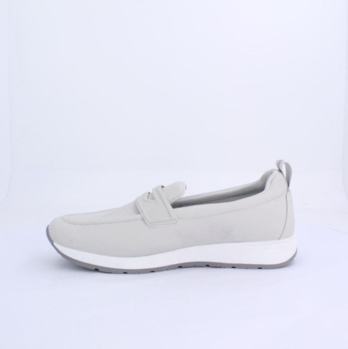 Grey Marley Moccasins with sporty loafer design, white midsole, and stylish instep strap for modern look.