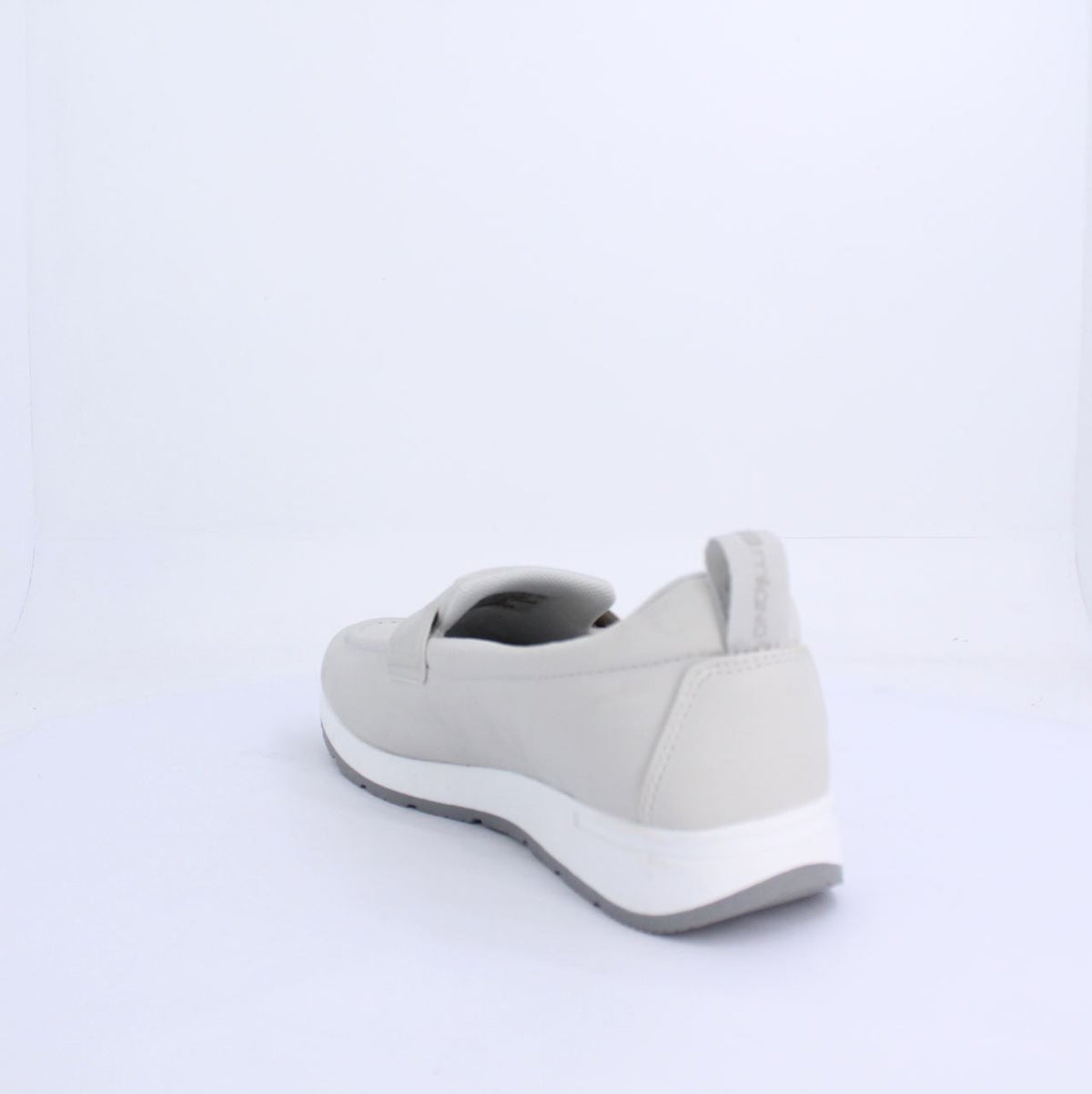 Grey Marley Moccasins with white midsole, featuring smooth synthetic upper and instep strap for style and functionality