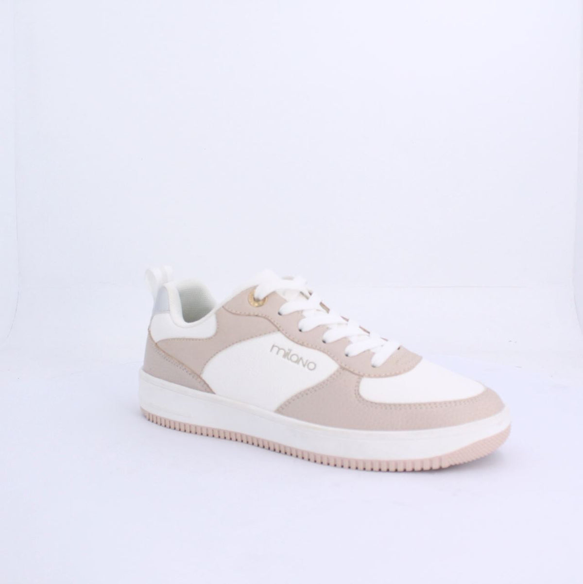 Nude Alexis sneakers with beige and white design, featuring Milano branding, white laces, and a textured outsole.