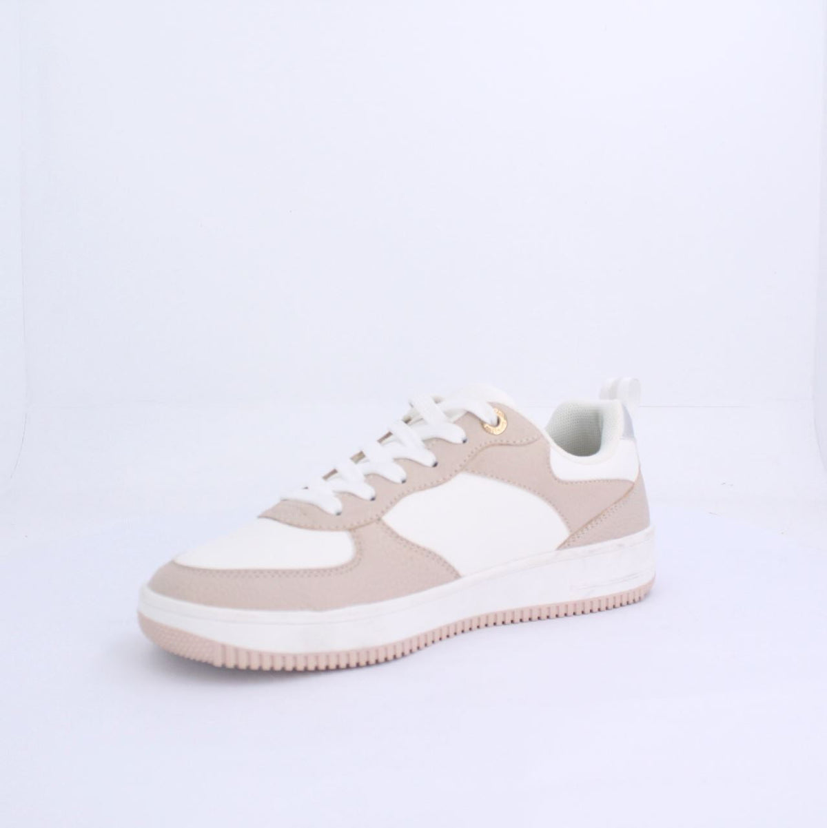 Nude Alexis sneakers with beige and white design, white laces, and Milano branding on side, featuring a textured outsole.