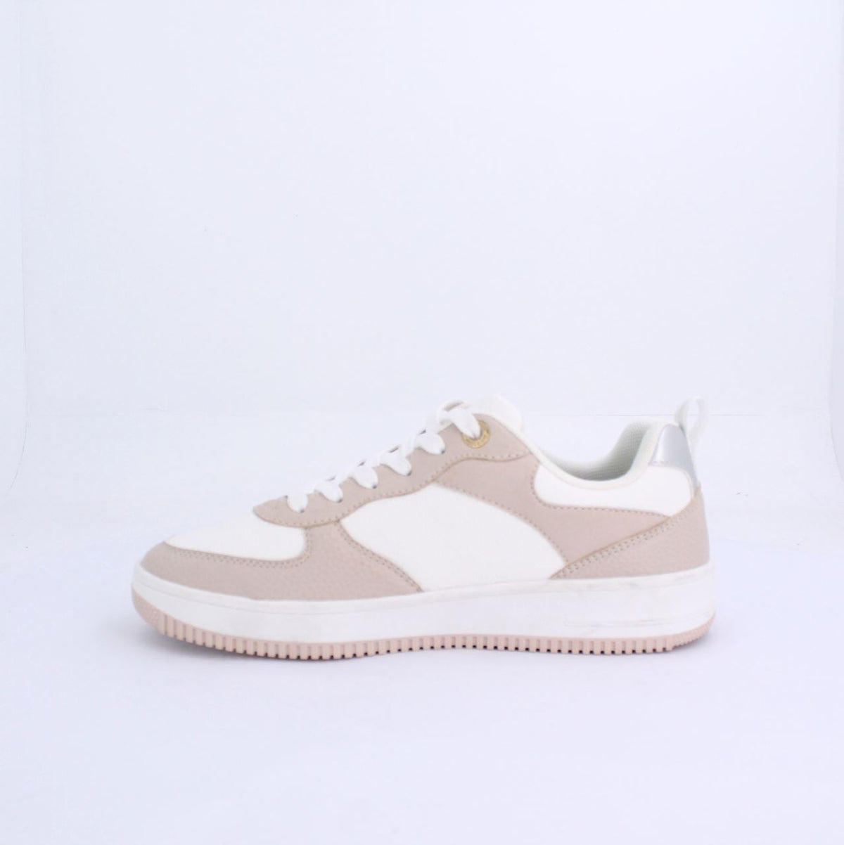 Alexis sneakers in nude with beige and white design, featuring white laces and textured outsole, branded with "Milano" on the side.